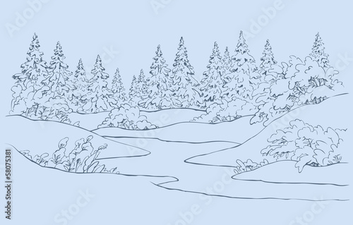 Vector landscape. A river in winter forest