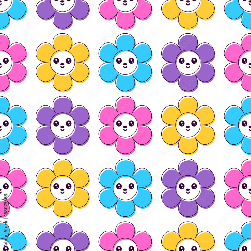 Cute seamless pattern with smiling colorful flowers Cute seamless pattern with smiling colorful flowers
