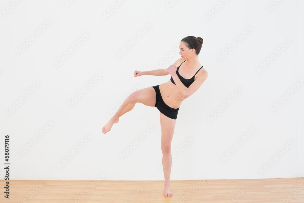 Sporty fit woman performing an air kick in fitness studio Sporty fit woman performing an air kick in fitness studio