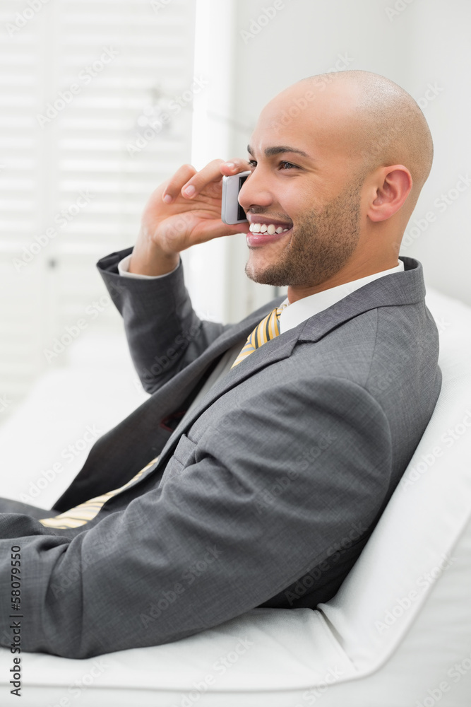 Smiling elegant businessman using cellphone on sofa at home Smiling elegant businessman using cellphone on sofa at home