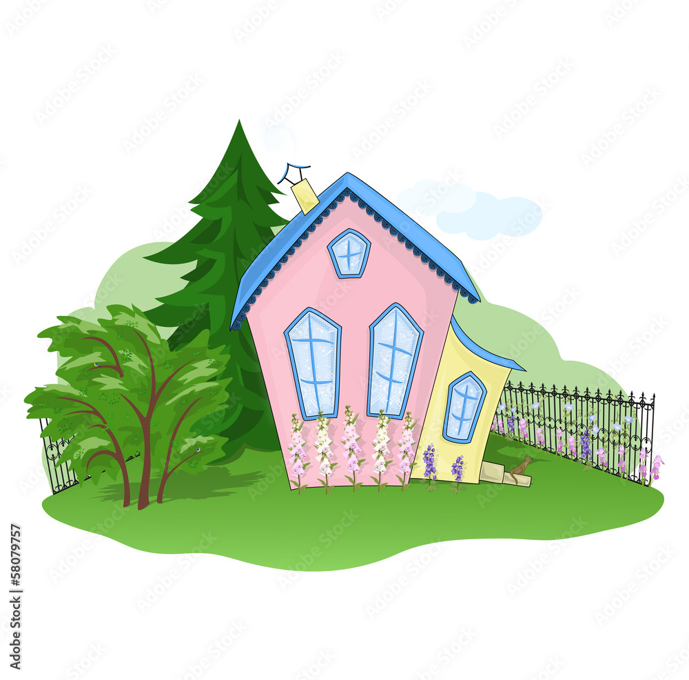 Pink-yellow house at summer Pink-yellow house at summer