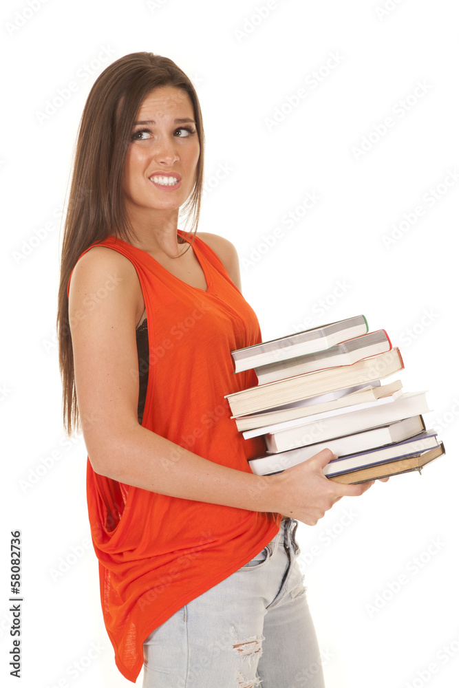 Woman red shirt books funny face Woman red shirt books funny face