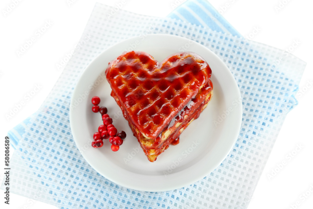 Sweet Belgium waffles with jam, isolated on white Sweet Belgium waffles with jam, isolated on white