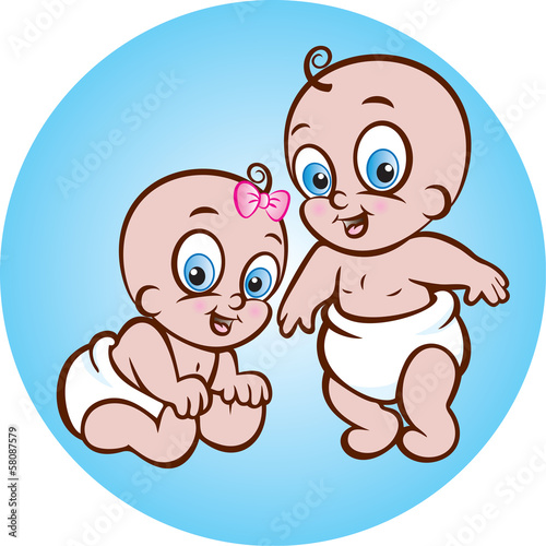 Vector illustration of cute baby boy and girl in diaper
