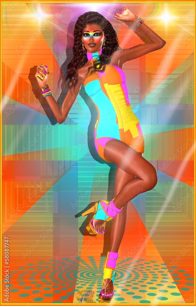 Club girl in a retro outfit on an abstract background