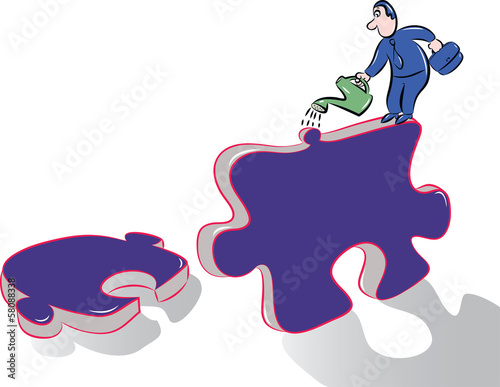Businessman watering puzzle / creating solution