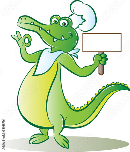 Cook crocodile holding blank signboard