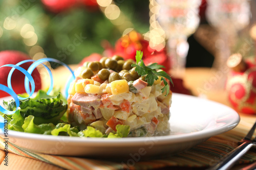 Russian traditional salad Olivier,