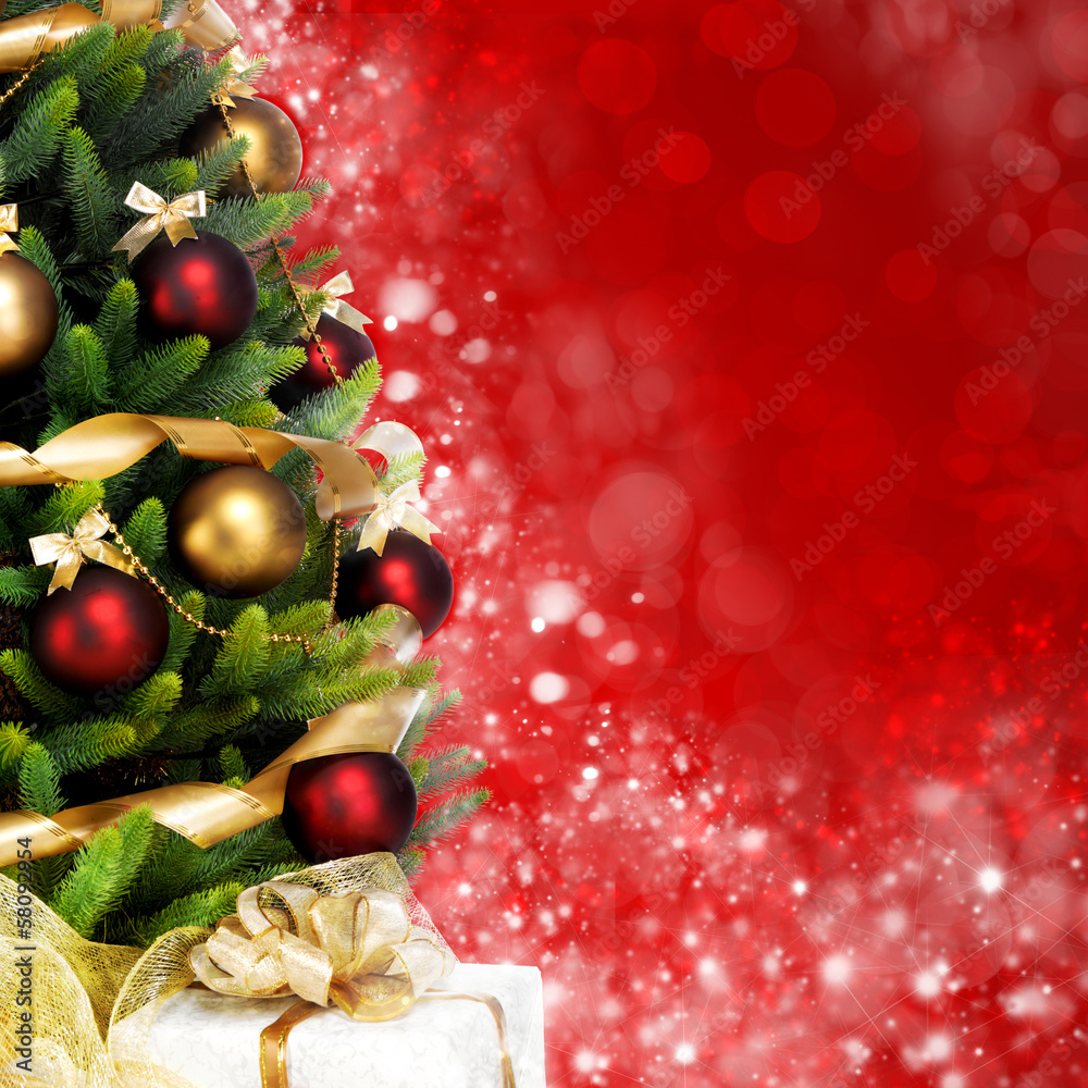 Decorated Christmas tree on white background - obrazy, fototapety, plakaty 