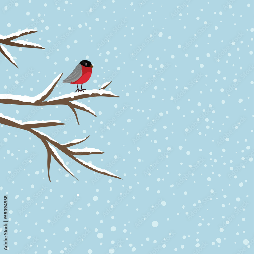 Bird sitting on branch in winter, vector Bird sitting on branch in winter, vector