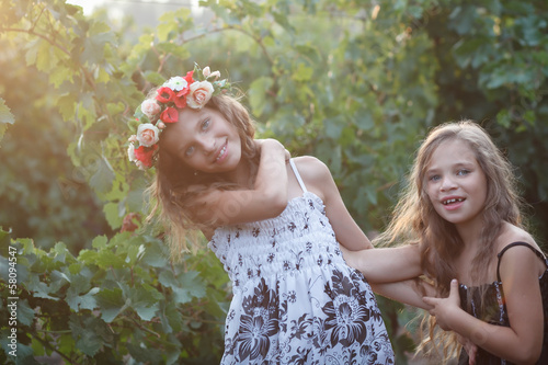 beautiful girls in fall vineyard