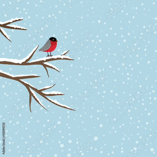 Bird sitting on branch in winter, vector