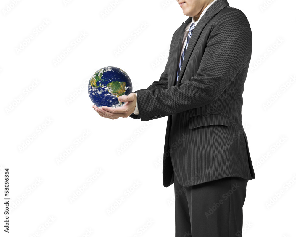 Businessman two hands hold ball with global map isolated in whit Businessman two hands hold ball with global map isolated in whit