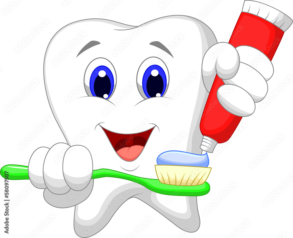Tooth putting tooth paste on her toothbrush