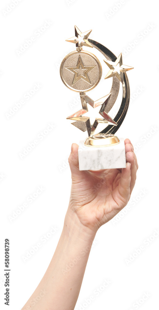 Trophy cup in hand isolated on white Trophy cup in hand isolated on white