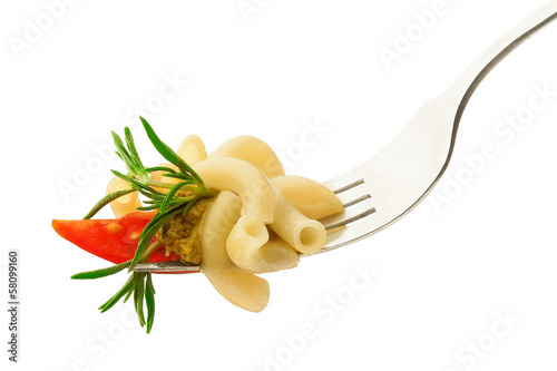 Pasta and pesto on fork