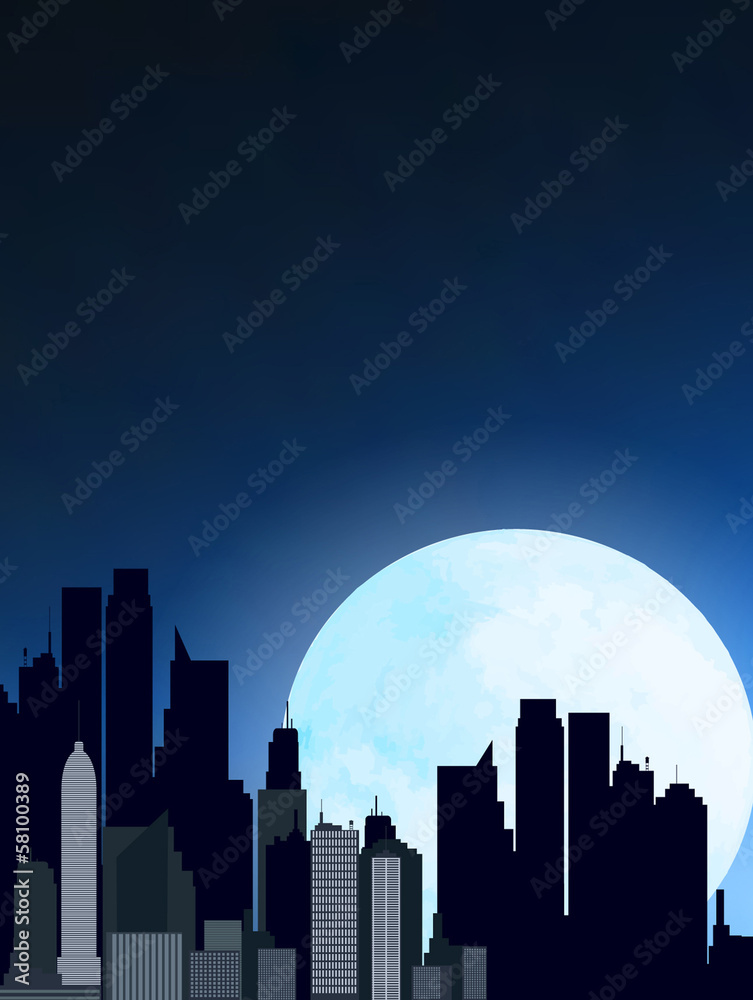 Cityscape skyline at full moon