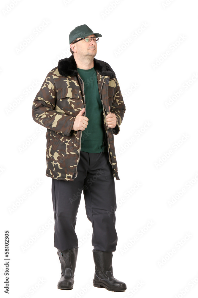 Worker in opened military vest. Worker in opened military vest.