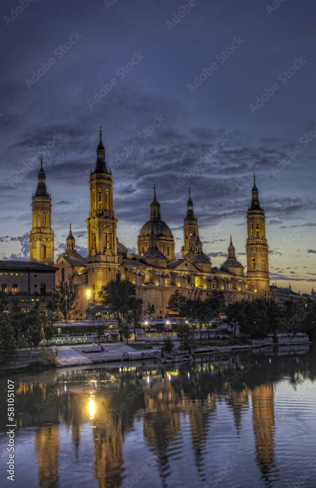 Basilica Del Pilar in Zaragoza in night illumination, Spain