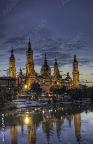Basilica Del Pilar in Zaragoza in night illumination, Spain