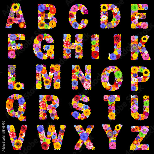 Full Floral Alphabet Isolated on Black- Letters A to Z