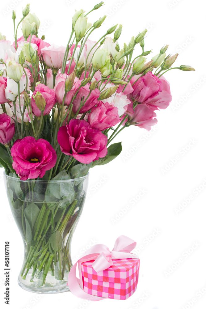 Pink eustoma flowers with  gift  box