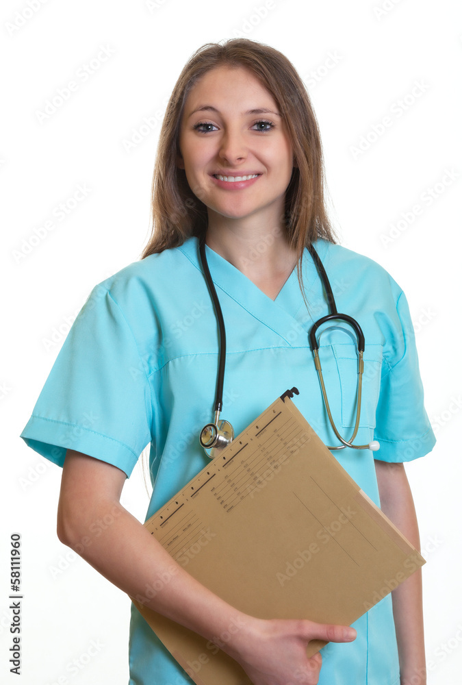 Lachende Krankenschwester auf dem Weg zum Patienten Lachende Krankenschwester auf dem Weg zum Patienten