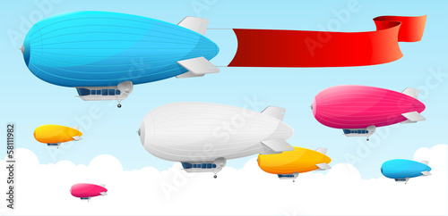 Retro dirigible and flags background.