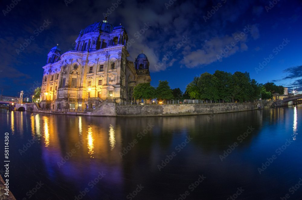 Berlin Landmarks and Buildings after sunset with river spree and