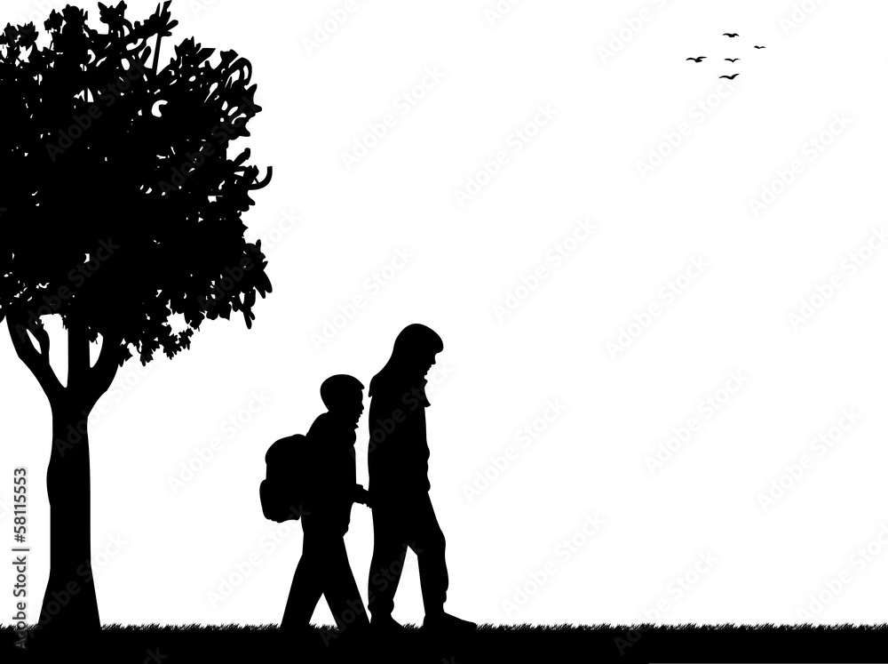Kids going to school with backpack silhouette layered Kids going to school with backpack silhouette layered