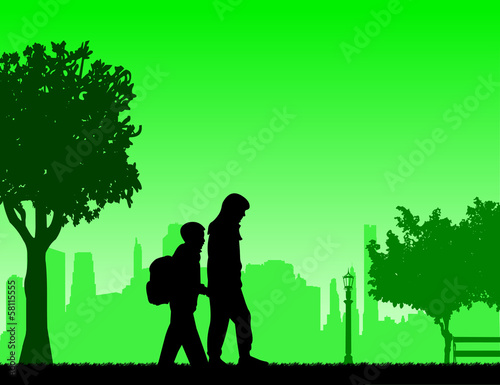 Kids going to school with backpack silhouette layered