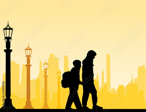 Kids going to school with backpack silhouette layered