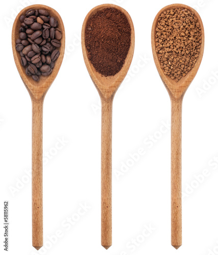 Three spoons freshly ground coffee, beans, granular