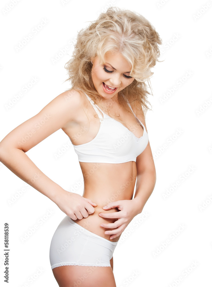 woman in white cotton underwear checking fat level woman in white cotton underwear checking fat level