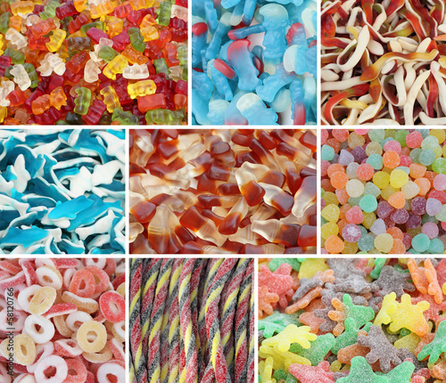 assorted gummy candies collage