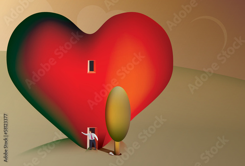 Illustration of business man living in a heart house