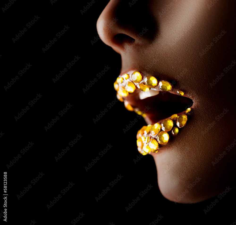 Sexy Lips with Gems. Professional Golden Makeup Sexy Lips with Gems. Professional Golden Makeup