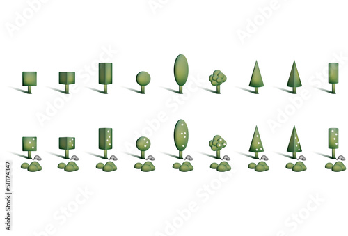 Illustration of a green trees with flowers, shrubs and stones.