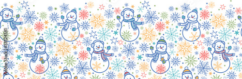 Vector cute snowmen horizontal seamless pattern background with