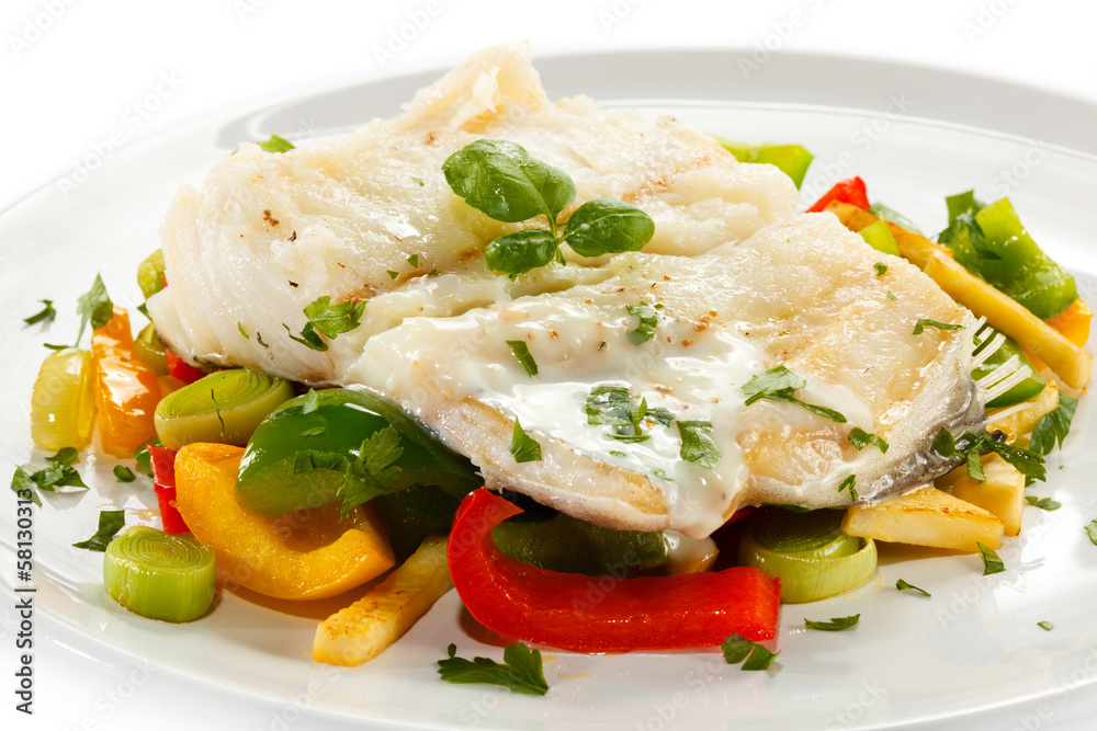 Fish dish - boiled fish fillet and vegetables Fish dish - boiled fish fillet and vegetables