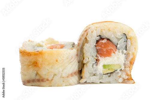 Eel sushi roll isolated on white background