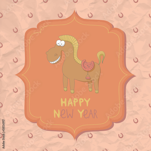 New Year card with funny cartoon horse