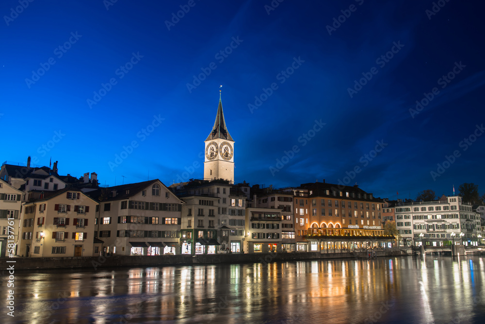 Zurich Skyline and the River Limmat in the Evening  Switzerland
