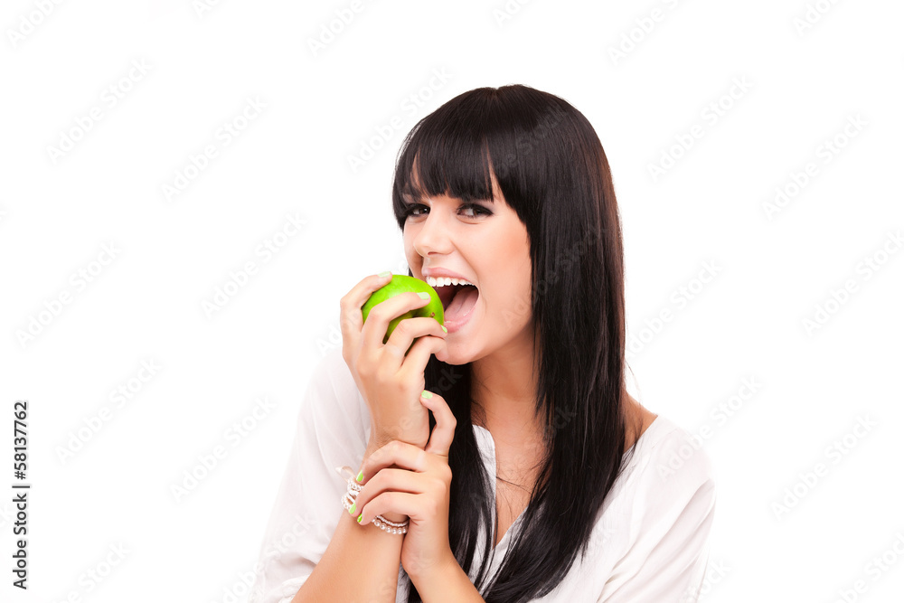 beautiful brunette woman with green apple on white background beautiful brunette woman with green apple on white background