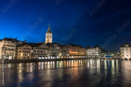 Zurich Skyline and the River Limmat in the Evening Switzerland