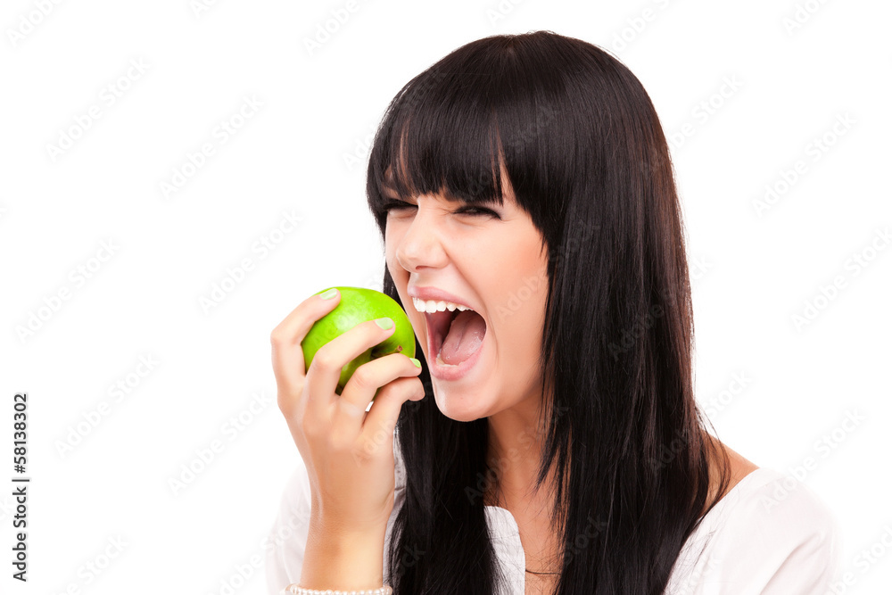 beautiful brunette woman with green apple on white background beautiful brunette woman with green apple on white background