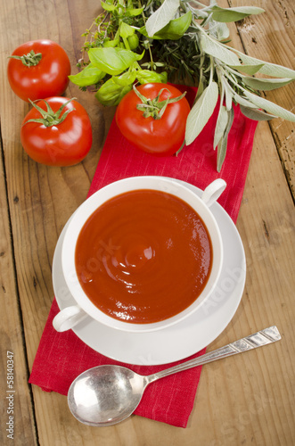 tomato soup in a white bowl