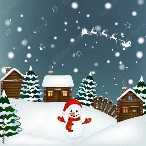 Christmas card with snowman and Christmas tree