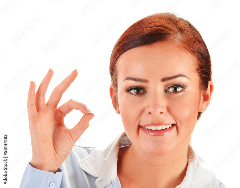 Young woman showing ok gesture isolated on white Young woman showing ok gesture isolated on white