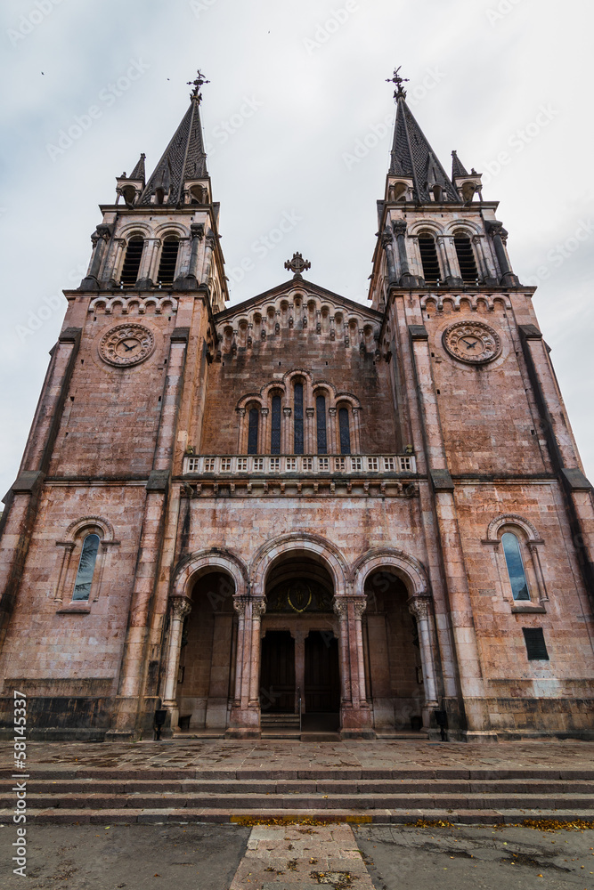 Facade of Santa Maria la Real basilica in Covadonga, Asturias